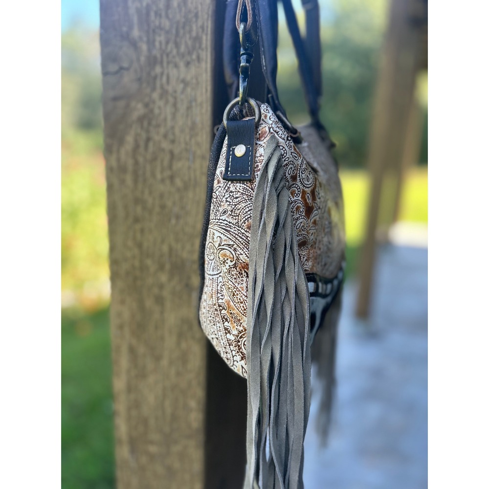 Myra Bag Katherina Cowhide Paisley Leather Fringe Western Crossbody Satchel - Picture 8 of 10